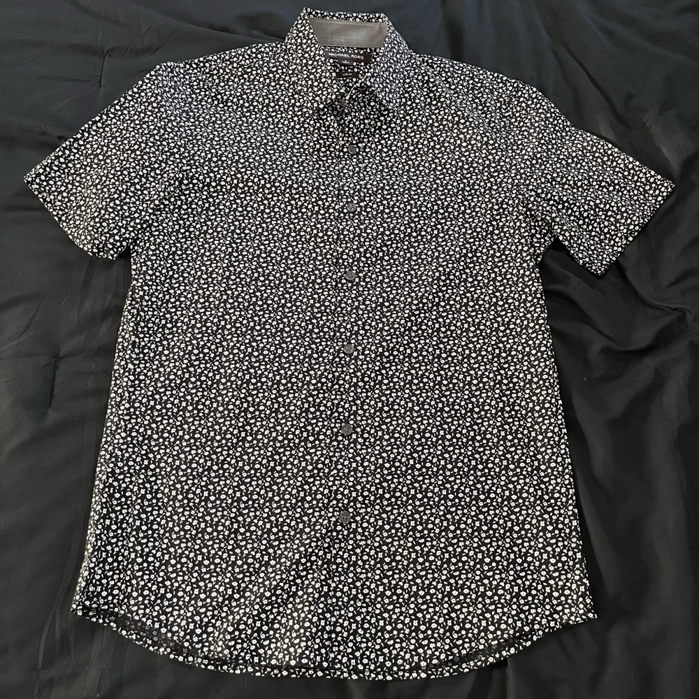 Michael Kors Black Short-Sleeve Button-Down with White Micro Floral Print